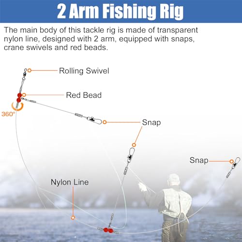 Fishing Leaders Saltwater Tackle Surf Fishing Rigs High Strength Fishing Wire Leader Line Rig with Swivels Snap for Lures Bait Hooks - color: White Nylon, style: 2 Arm, 12pcs