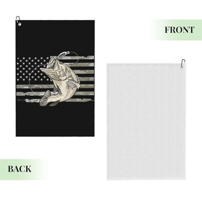 Camo American Flag Bass Fishing Microfiber Golf Towel, 16x24 Waffle Pattern with Carabiner Clip, Tri-Fold Large Golf Ball Towels, Golf Bag Accessories for Men Women, Golf Gift