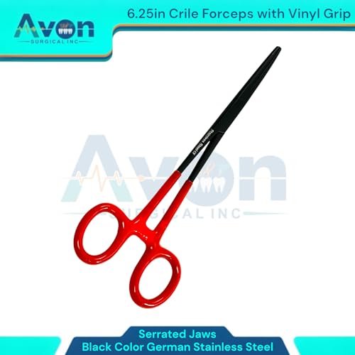 1 Piece Multi-Purpose Hemostat Pliers Forceps, 6.25in, with Vinyl Red Grip, Serrated Jaws - Black - Stainless Steel - for Fishing, Electronics, Crafts, and More.