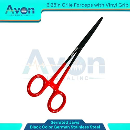 1 Piece Multi-Purpose Hemostat Pliers Forceps, 6.25in, with Vinyl Red Grip, Serrated Jaws - Black - Stainless Steel - for Fishing, Electronics, Crafts, and More.