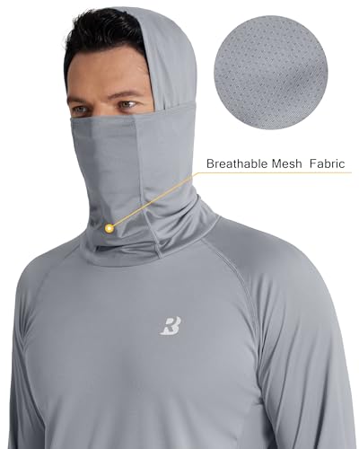 Roadbox UPF 50+ Men's Hooded Fishing Shirts, Long Sleeve UV Sun Protection Hoodie Hiking Running Swim Rash Guard with Mask - color: Gray, size: X-Large
