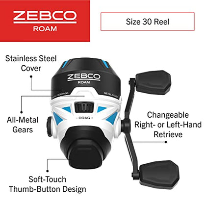 Zebco Roam Spincast Fishing Reel, Right or Left-Hand Retrieve, Pre-Spooled with 10-Pound Zebco Fishing Line, Stainless Steel Front Cover - color: Blue