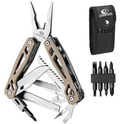 MOSSY OAK Multitool, 22-in-1 Stainless Steel Pliers with Screwdriver Sleeve, Desert Steel Handle, Self-locking Knife with Sheath-Perfect for Outdoor, Survival, Camping, Hiking, Simple Repair - color: 22-in-1, Desert