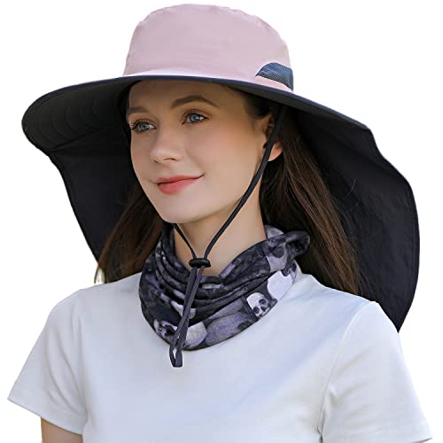 HUAMULAN Women Large Brim Sun Hat with Neck Flap, Men Quick Dry Hiking Fishing Safari Hat UPF 50+ - color: Hyp011-pink