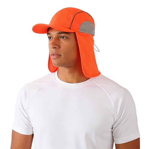 High Visibility Reflective Work Safety Hat Wide Brim Boonie Sun Hat UV Protection Fishing Cap with Neck Flap - color: Orange