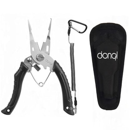 DONQL Fishing Pliers, Stainless Steel Fish Hook Remover Tool, Fishing Split Ring Pliers, Line Cutter Crimper, Fishing Gear for Saltwater Freshwater with Lanyard Sheath
