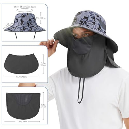 BASSDASH UPF 50+ Breathable Sun Hat with Removable Face Cover and Neck Flap Wide Brim Bucket Hat for Fishing Hiking Men Women - color: Storm Camo/Dark Grey