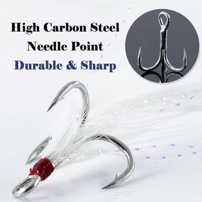 FishTrip 15Pcs Feathered Treble Hooks, Replacement Hooks for Fishing Lures | Wide Gap Needle Point Round Bend Triple Fish Hooks for Spinner Spoon Crankbait jerkbaits Saltwater Freshwater #10-#2 - size: 10#_15pcs