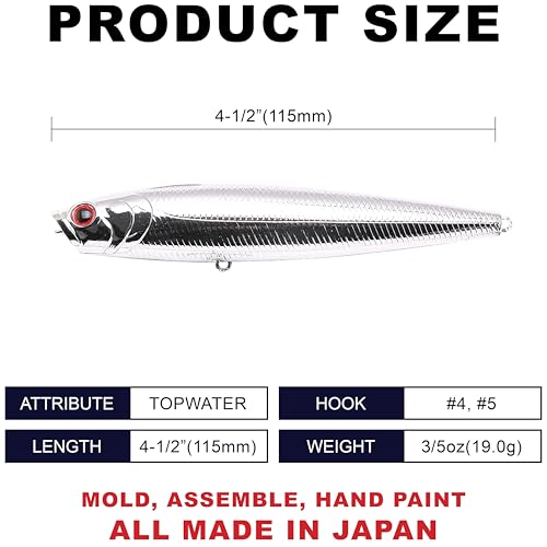LUCKY CRAFT Gunfish 115NF Top Water Bass Fishing Lures, 4.5” Floating Lure with Cupped Mouth, Freshwater Trout and Bass Lures Fishing Gear, Accessories for Tackle Box - color: 074 Chrome