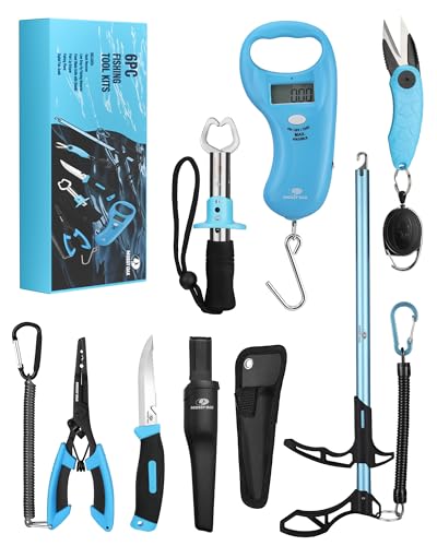 Mossy Oak Fishing Tools Kit- Fishing Plier, Fish Lip Gripper, Multifunctional Fishing Hook Remover with Lanyards Sheath, Saltwater Resistant Fishing Accessories & Equipment, Fishing Gifts for Men - style: 6pc fishing tool kit