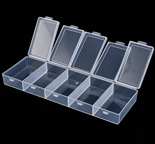 5 compartments transparent plastic storage box 8.3 x 2.7 x 1 inch with independent lid, transparent storage box for cosmetics, jewelry, and craft supplies - color: 5 grids of white