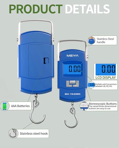 MEIYA Fish Scale 110lb Portable Luggage Scale Travel Digital Hanging Scale with Hook, Fishing Gifts for Men, Weighing Tool for Suitcases & Fish, Includes 2 AAA Batteries, Backlit LCD Display (Blue) - color: Blue