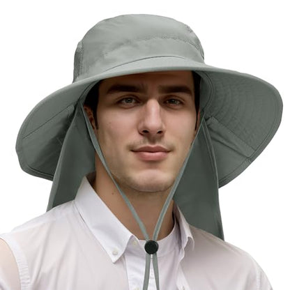 Catalonia Sun Hat for Men,Outdoor Wide Brim Hat with Neck Flap Cover for Fishing Hiking Safari Gardening - color: Grey / Side Mesh
