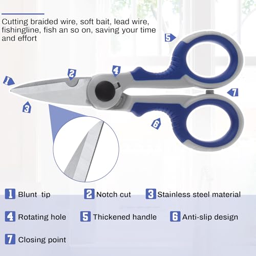 Honoson 2 Pcs 5.7" Fishing Scissors Braided Line Cutters Fishing Heavy Duty 3cr13 Non Slip Serrated Edge Scissors Saltwater Freshwater Braid Multi Function Snips for Trimming (Blue Gray) - color: Blue Gray