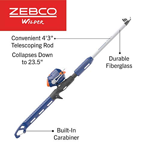 Zebco Wilder Fishing Reel and Rod Combo, 4'3" Durable Fiberglass Rod with Built-In Carabiner, Patented No-Tangle Reel, Pre-Spooled with 6-Pound Zebco Cajun Fishing Line - style: Spincast Reel - Telescopic Rod