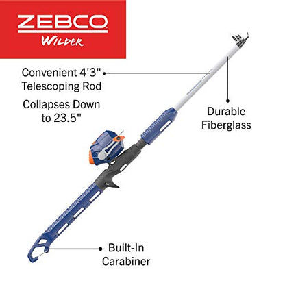Zebco Wilder Fishing Reel and Rod Combo, 4'3" Durable Fiberglass Rod with Built-In Carabiner, Patented No-Tangle Reel, Pre-Spooled with 6-Pound Zebco Cajun Fishing Line - style: Spincast Reel - Telescopic Rod