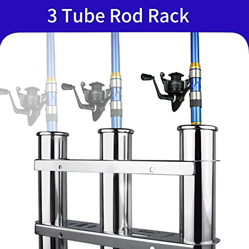3 Tubes Fishing Rod Holder for Boat, 304 Stainless Steel 3 Tubes Linked Fishing Rod Rack Wall-Mounted Fishing Pole Holder with Tools Storage for Marine Boat Yacht RV