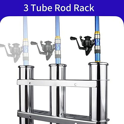 3 Tubes Fishing Rod Holder for Boat, 304 Stainless Steel 3 Tubes Linked Fishing Rod Rack Wall-Mounted Fishing Pole Holder with Tools Storage for Marine Boat Yacht RV