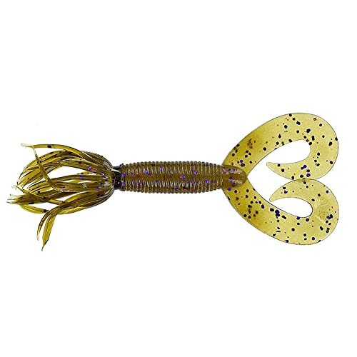 Yamamoto 5" Double Tail Hula Grub - Realistic Easy-to-Use Soft Plastic Fishing Lure Bait with Free-Flowing Skirt - 10 Pack - size: 5 inch, style: Green Pumpkin With Purple and Small Copper Flake
