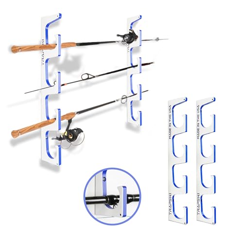 TRAPSKI Made in the USA Premium Fishing Rod/Pole Holder Rack Organizer | Wall or Boat Mounting Fishing Rod Rack | Marine Grade HDPE Plastic | Holder for up to 4 Rods | Stackable - color: H4 White/Blue