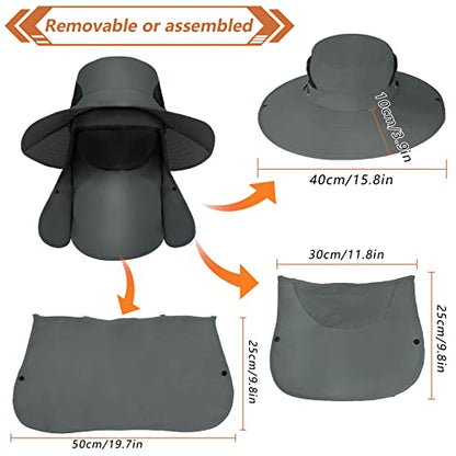 Fishing Hat for Men, UPF 50+ Removable Sun Protection Cap with Face Neck Flap, Hiking & Garden Summer Sun Hat for Women (US, Alpha, One Size, Grey)