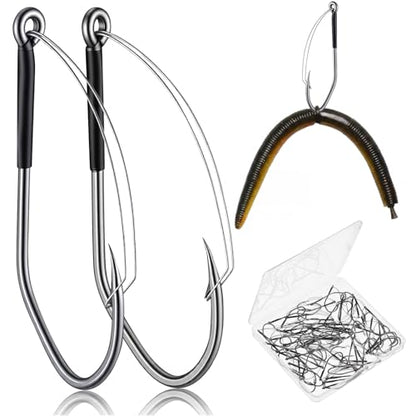 70 Pcs Weedless Wacky Rig Hooks Professional V Bass Fishing Worm Hooks Carbon Steel Fishing Lure Baits for Freshwater Saltwater - size: 1/0