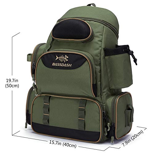 BASSDASH Fishing Tackle Backpack Water Resistant Tactical Bag Soft Tackle Box with Rod Holder and Protective Rain Cover - color: Green Backpack [3600] Without Trays