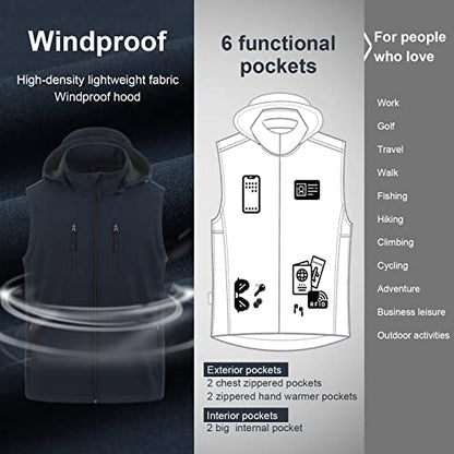 CREATMO US Men's Casual Lightweight Warm Thin Outerwear Vest Windbreaker Sleeveless Jacket With Removable Hood - color: Navy, size: 3X-Large