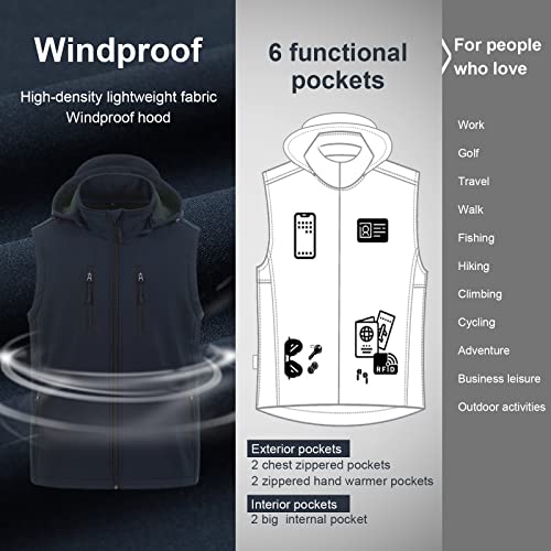 CREATMO US Men's Casual Lightweight Warm Thin Outerwear Vest Windbreaker Sleeveless Jacket With Removable Hood - color: Navy, size: Small