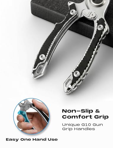 HOOK-EZE Anti-Twist Fishing Pliers with Multi-Function Design, 7.1" Saltwater 17-4 Stainless Steel Fishing Gear with G10 Handles, Split Ring Pliers, Fish Hook Remover Tool - Black/White - color: Black/White