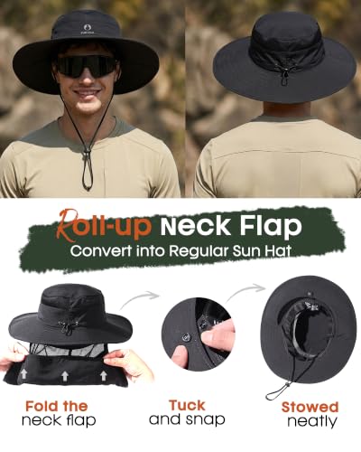 FURTALK Sun Hats for Men Women Fishing Hat with Neck Flap UPF 80+ Breathable Wide Brim Hiking Safari Summer Bucket Hats - color: Black