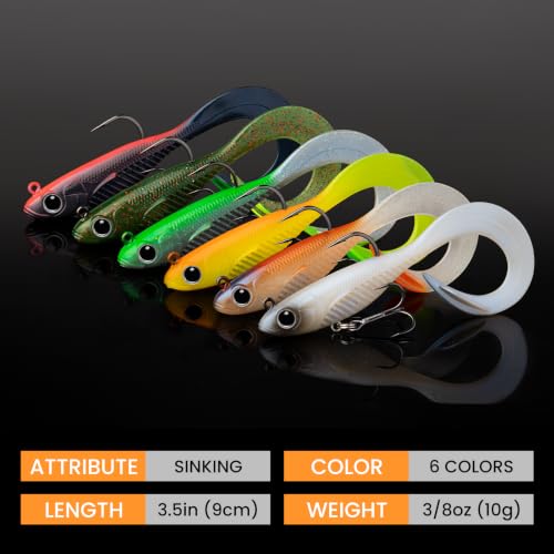 TRUSCEND Duramax Easy Catch Soft Fishing Lures with BKK Hook, Trembly Sinking & Vibrating Swim for More Bites, Pre-Rigged Curly & T-Tail Swimbait for Bass, Trout, Crappie, Freshwater Saltwater Fishing - color: A2-3.5"-3/8oz