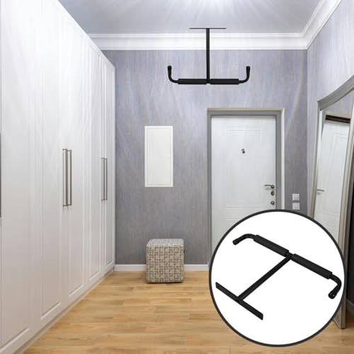 Heavy Duty T-shaped Ceiling Mounted Bike and Fishing Rod Storage Rack with Double Sided Hooks, Black Steel Garage Hanging Organizer for Kayak and Skateboard