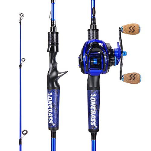 One Bass Fishing Rod and Reel Combo, IM7 Graphite 2 Pc Blank Baitcasting Combo, Spinning Rod with Super Polymer Handle - color: Blue- Casting- Right Handed, size: 6'6"-M-Fast