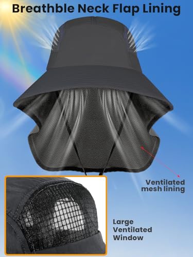 Sun Hats for Women UV Protection with Neck Flap Wide Brim Beach Hats with Ponytail Hole for Hiking Fishing Gardening Travel - color: Dark Grey