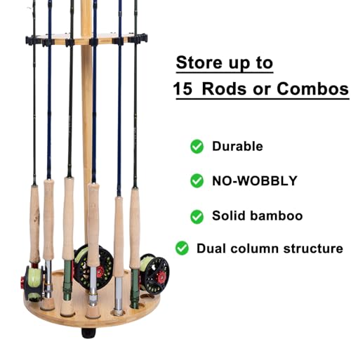 Fishing Pole Rod Racks—Floor Stand Bamboo Fishing Gear Equipment Storage Organizer, Easy Installation - Round rods holder - style: holds up 15 rods