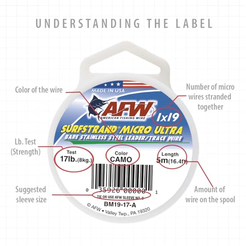 American Fishing Wire Surfstrand Micro Ultra Bare 1x19 Stainless Steel Leader Wire - Fishing Leader Line for Saltwater, 6.6lb Test - 61lb Test, Camo Color, 5m Length - style: 35 Lb / 5 M