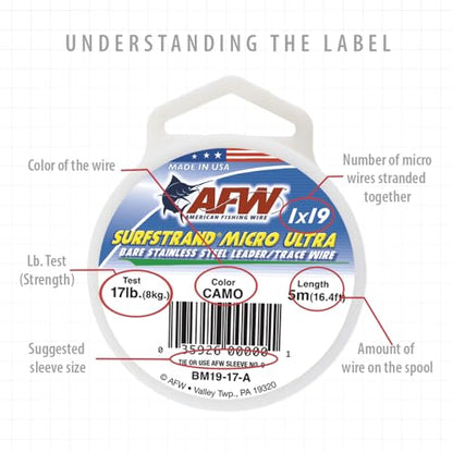 American Fishing Wire Surfstrand Micro Ultra Bare 1x19 Stainless Steel Leader Wire - Fishing Leader Line for Saltwater, 6.6lb Test - 61lb Test, Camo Color, 5m Length - style: 17 Lb / 5 M