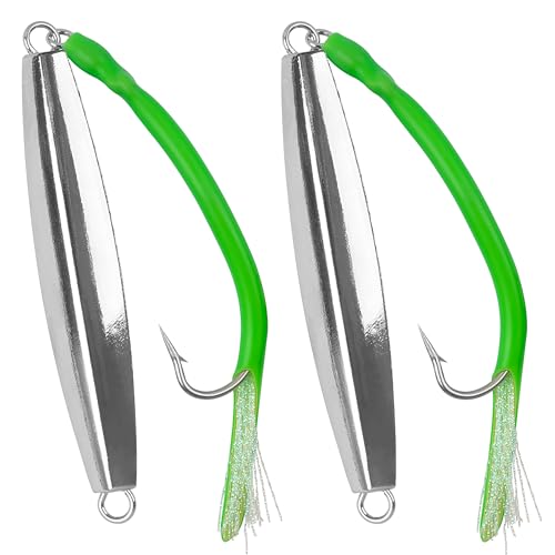 Diamond Jigs Saltwater Fishing Lures, 2Pack Casting Jigging Spoon with Tube Tail Striped Bass Metal Jig Spoons Deep Sea Offshore Surf Fishing 1oz-4oz - size: 5 Ounce, style: Green Tube, 2pack