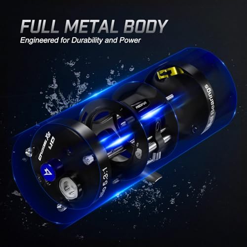 Piscifun Chaos XS Baitcasting Fishing Reel, Reinforced Metal Body Round Baitcaster Reel, Smooth Powerful Saltwater Inshore Surf Trolling Reel, Conventional Reel for Catfish, Musky, Bass, Pike - color: Blue, style: 50 Right Hand Retrieve