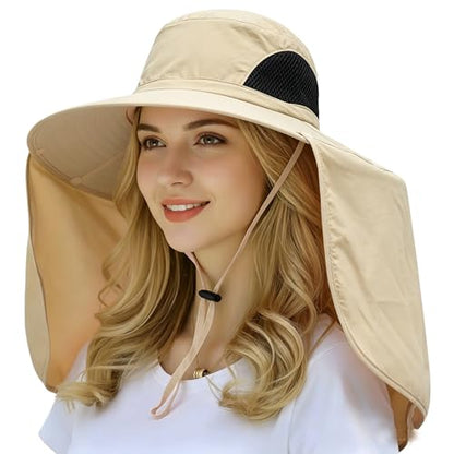 HUAMULAN Women Large Brim Sun Hat with Neck Flap, Men Quick Dry Hiking Fishing Safari Hat UPF 50+ - color: Yq005-beige