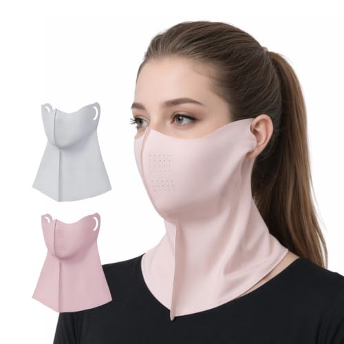 Ice Silk Sun Protection Face Mask for Women, Breathable Cooling Face Cover with Neck Coverage, Driving，Golf，Hiking - color: Grey+pink