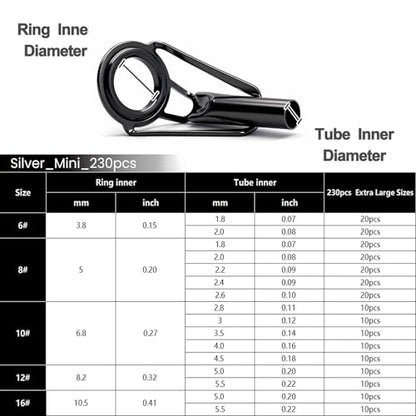 FishTrip Rod Tip Repair Kit, 20/60/70/90/230pcs Fishing Rod Tips Replacement Kit Stainless Steel Ceramic Guides Ring Fishing Pole Eyelets Repair Kit - color: E_230pcs