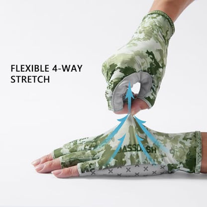 BASSDASH 3/4 Finger UPF 50+ Sun Gloves Breathable Anti-Slip Silicone Palm for Men Women Fishing Fingerless Cycling Running - color: Moss Shadow Camo, size: Medium