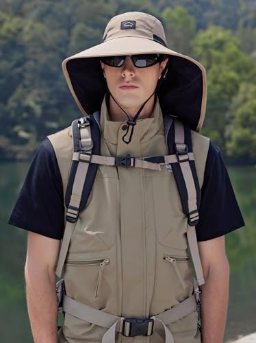 HUAMULAN Men Summer Sun Hat Women Safari Wide Brim Fishing Hats UV Protection Neck Flap Bucket Gardening Hiking Hunting Cap - color: Khaki With Black Mesh