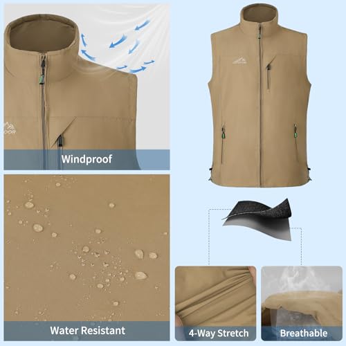 KIWI RATA Mens Casual Lightweight Outdoor Vest Summer Fishing Safari Travel Outerwear Vests Cargo Utility Jacket - color: Khaki, size: Medium