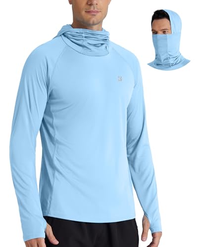 Roadbox UPF 50+ Men's Hooded Fishing Shirts, Long Sleeve UV Sun Protection Hoodie Hiking Running Swim Rash Guard with Mask - color: Light Blue, size: 3X-Large