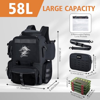 Goture Fishing Backpack with 4 Tackle Boxes,58L 900D Water-Resistant Tackle Backpack with Cooler,Rod Holders,8 Lure Pockets, Detachable Crossbody Bag,Gear Storage Large Fishing Bag for Camping Hiking - color: D1:black With 4 Tackle Boxes