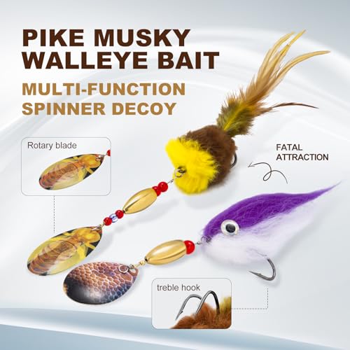 Pike Musky Walleye Fishing Lure Spinnerbait with Feathered Hooks Rooster Tail Fishing Lures Spoon Lures Baits with Tackle Box - color: Style B-Red