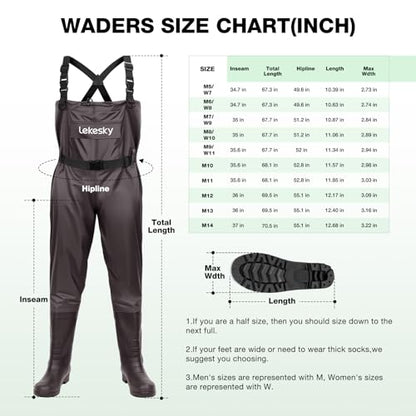 Lekesky Fly Fishing Chest Waders with Boots for Men Women, US Sizes 5–14,2-Ply Nylon/Pvc Waterproof Waders - color: Brown, size: M8/W10